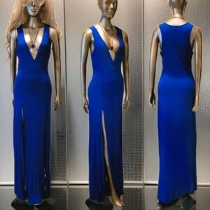 NWT Sexy Nila Blue Plunge V Neck Split Thigh Bodycon Dress Sz S